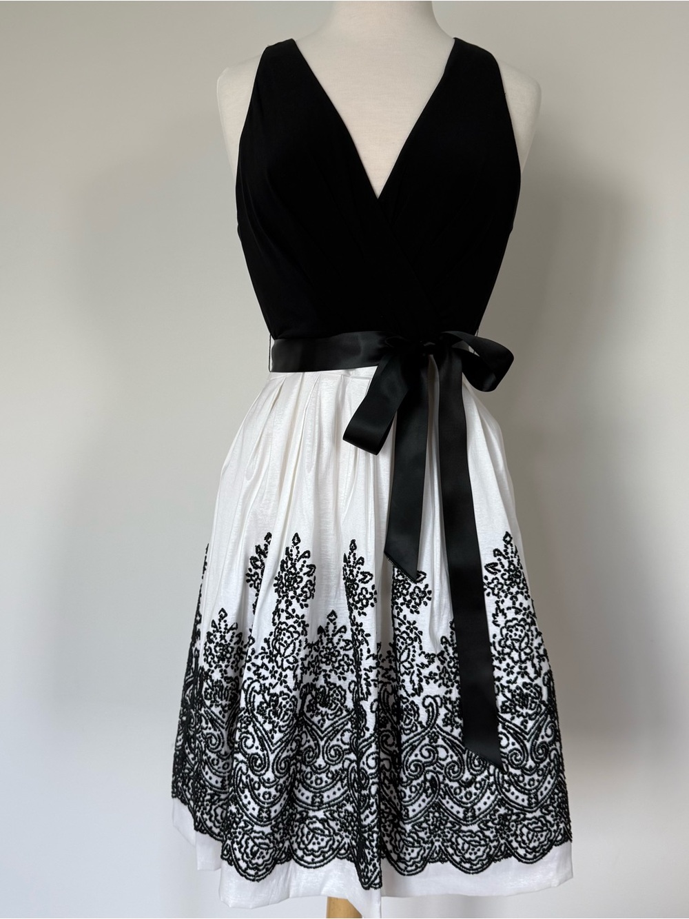 LF Elegant Black & White Lace Trim V-Neck Fit-and-Flare Dress // Size 10